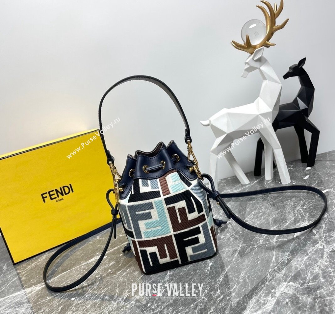 Fendi Mon Tresor Mini Bucket Bag in Multicolor Canvas bag with FF Embroidery Blue 2024 0523 (AF-240523106)