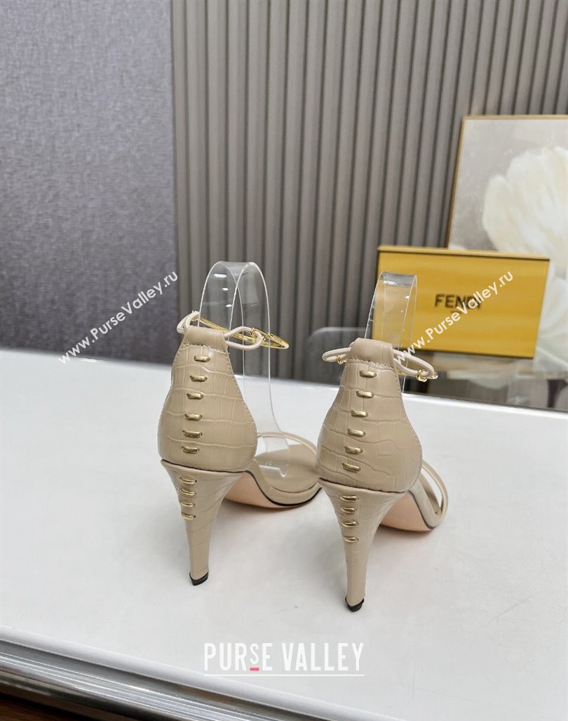 Fendi Filo high-heeled sandals 9cm in stone-Embossed Leather with Anklet Beige 2024 (MD-240604164)