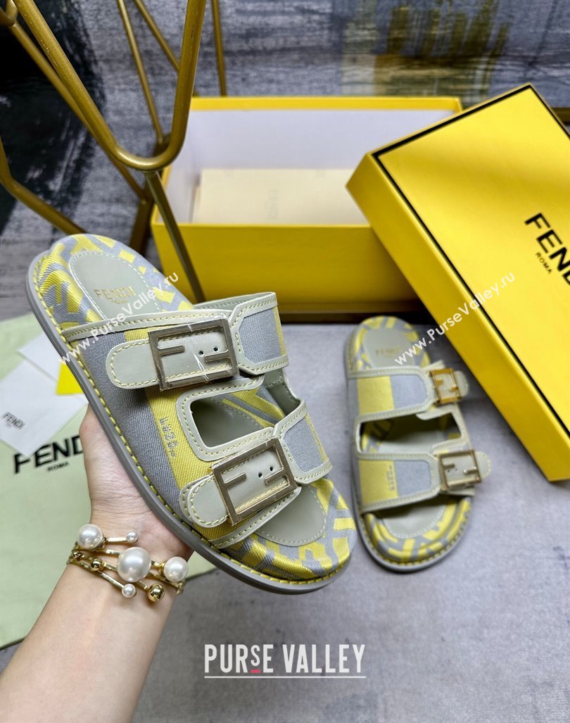 Fendi Feel Feel Flat Slide Sandals in Printed Canvas Grey/Yellow 2024 0604 (MD-240604171)