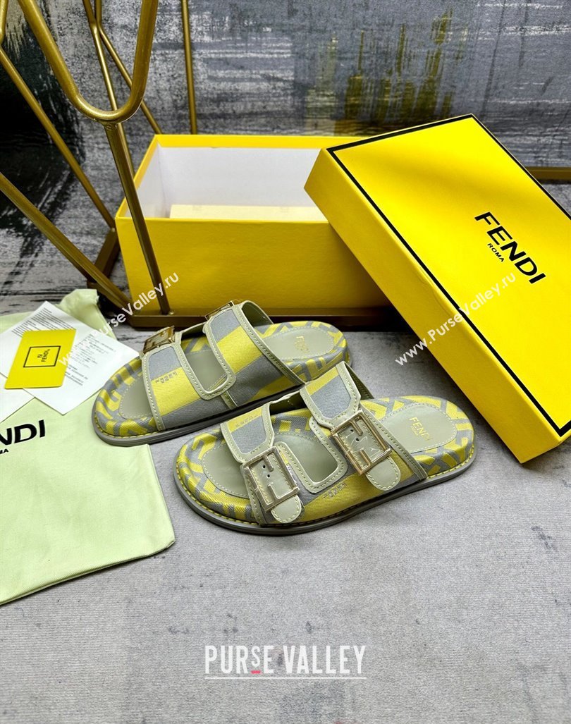 Fendi Feel Feel Flat Slide Sandals in Printed Canvas Grey/Yellow 2024 0604 (MD-240604171)