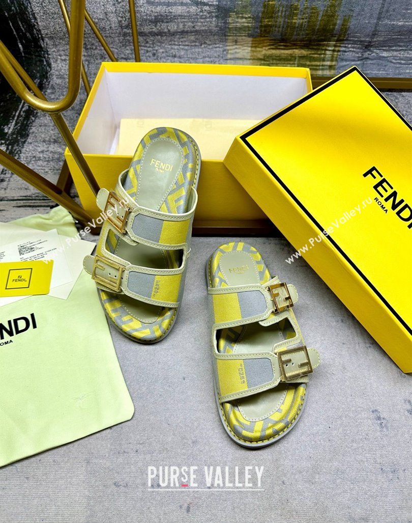 Fendi Feel Feel Flat Slide Sandals in Printed Canvas Grey/Yellow 2024 0604 (MD-240604171)