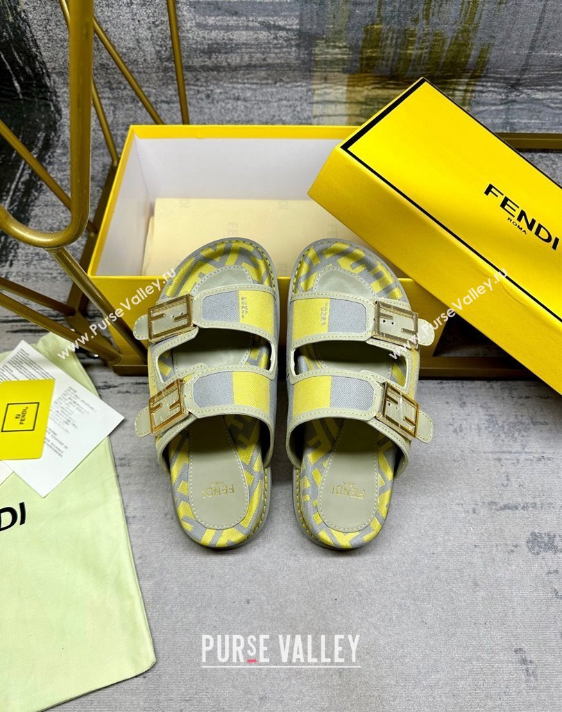 Fendi Feel Feel Flat Slide Sandals in Printed Canvas Grey/Yellow 2024 0604 (MD-240604171)