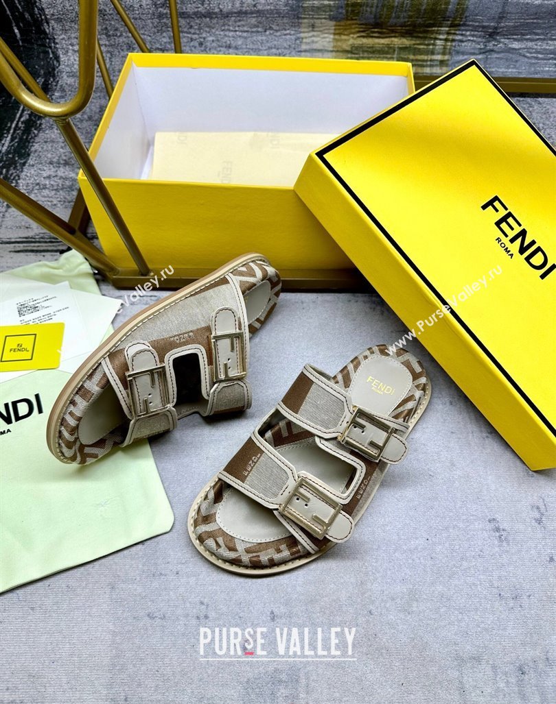 Fendi Feel Feel Flat Slide Sandals in Printed Canvas Grey/Brown 2024 0604 (MD-240604172)