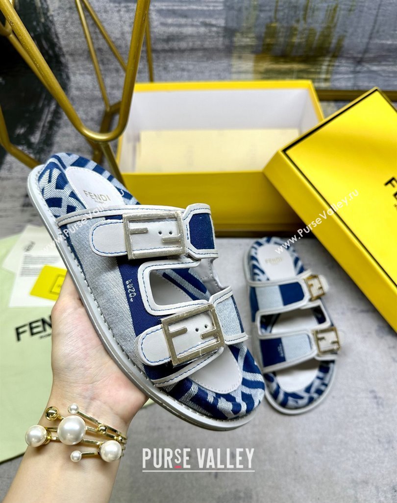 Fendi Feel Feel Flat Slide Sandals in Printed Canvas Grey/Blue/White 2024 0604 (MD-240604173)