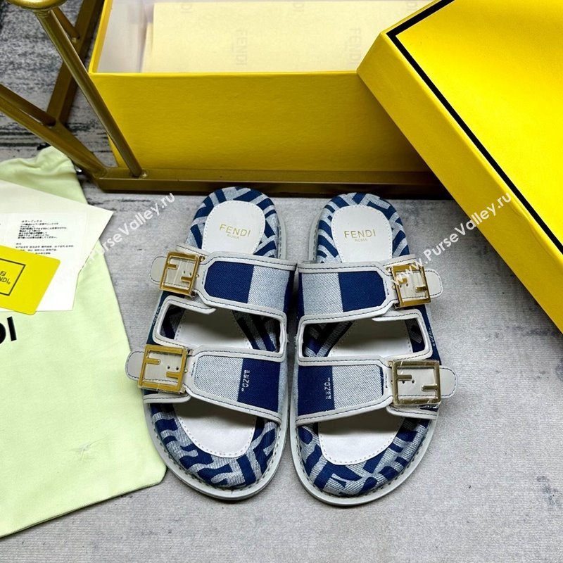 Fendi Feel Feel Flat Slide Sandals in Printed Canvas Grey/Blue/White 2024 0604 (MD-240604173)