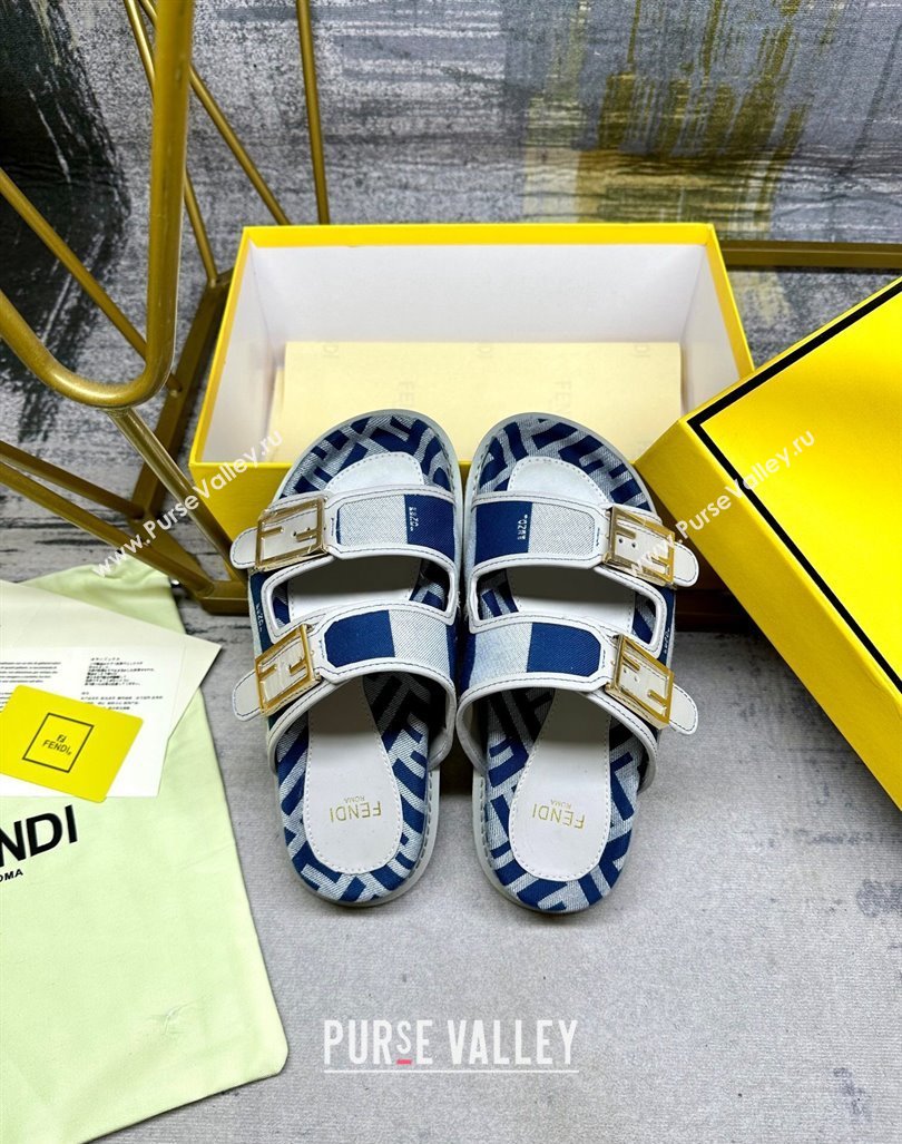 Fendi Feel Feel Flat Slide Sandals in Printed Canvas Grey/Blue/White 2024 0604 (MD-240604173)