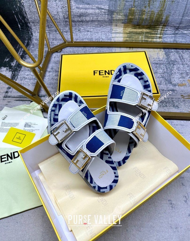 Fendi Feel Feel Flat Slide Sandals in Printed Canvas Grey/Blue/White 2024 0604 (MD-240604173)