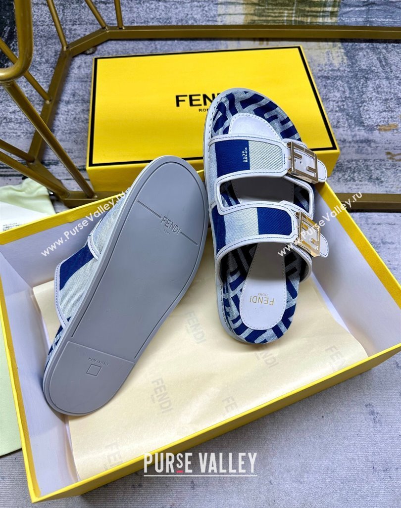 Fendi Feel Feel Flat Slide Sandals in Printed Canvas Grey/Blue/White 2024 0604 (MD-240604173)