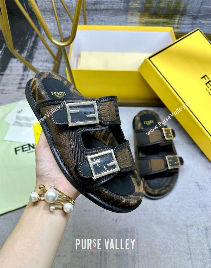 Fendi Feel Feel Flat Slide Sandals in Printed Canvas Brown/Black 2024 0604 (MD-240604174)