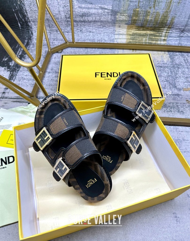 Fendi Feel Feel Flat Slide Sandals in Printed Canvas Brown/Black 2024 0604 (MD-240604174)