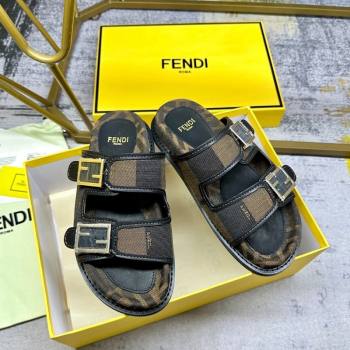 Fendi Feel Feel Flat Slide Sandals in Printed Canvas Brown/Black 2024 0604 (MD-240604174)
