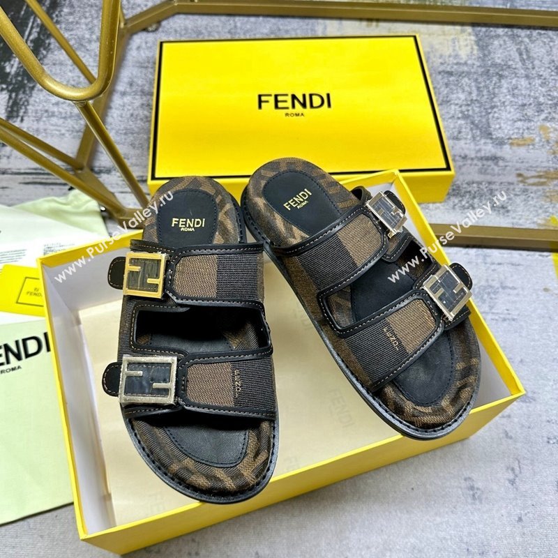 Fendi Feel Feel Flat Slide Sandals in Printed Canvas Brown/Black 2024 0604 (MD-240604174)