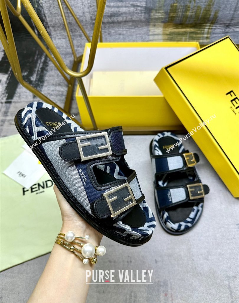 Fendi Feel Feel Flat Slide Sandals in Printed Canvas Grey/Blue/Black 2024 0604 (MD-240604175)