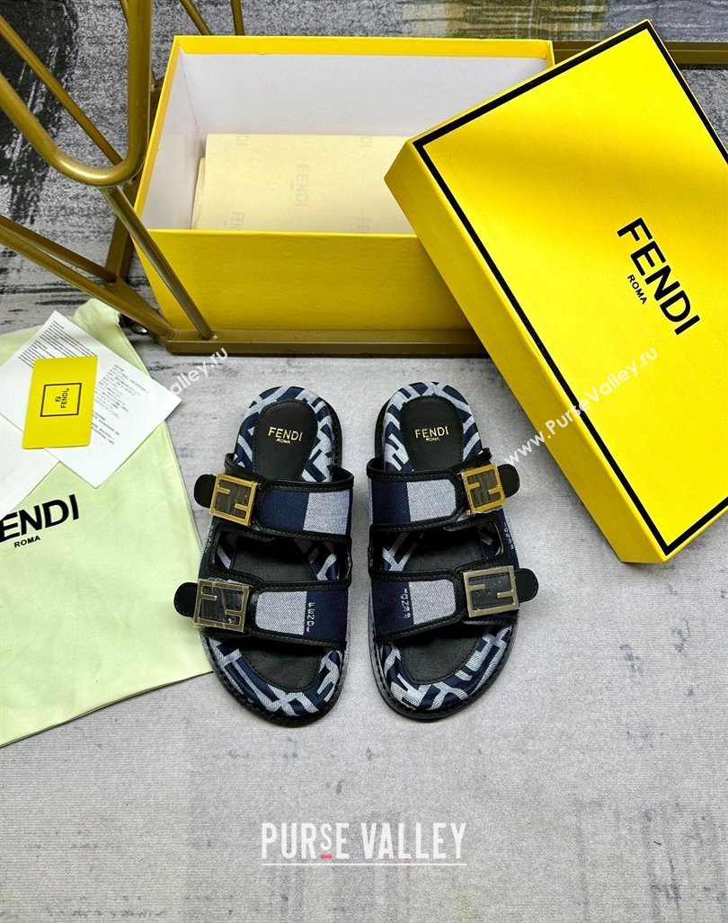 Fendi Feel Feel Flat Slide Sandals in Printed Canvas Grey/Blue/Black 2024 0604 (MD-240604175)