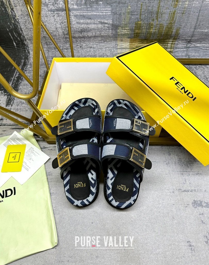 Fendi Feel Feel Flat Slide Sandals in Printed Canvas Grey/Blue/Black 2024 0604 (MD-240604175)