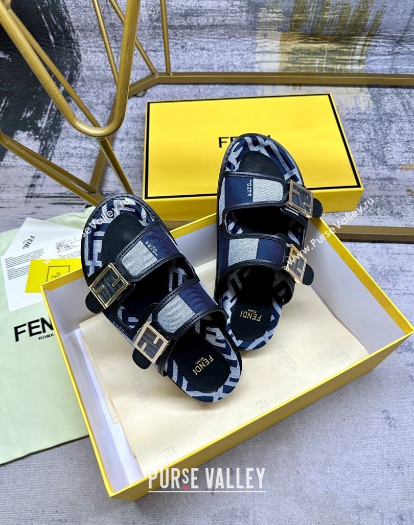 Fendi Feel Feel Flat Slide Sandals in Printed Canvas Grey/Blue/Black 2024 0604 (MD-240604175)