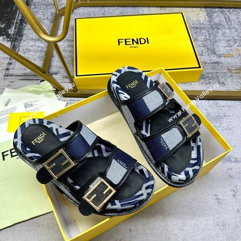 Fendi Feel Feel Flat Slide Sandals in Printed Canvas Grey/Blue/Black 2024 0604 (MD-240604175)