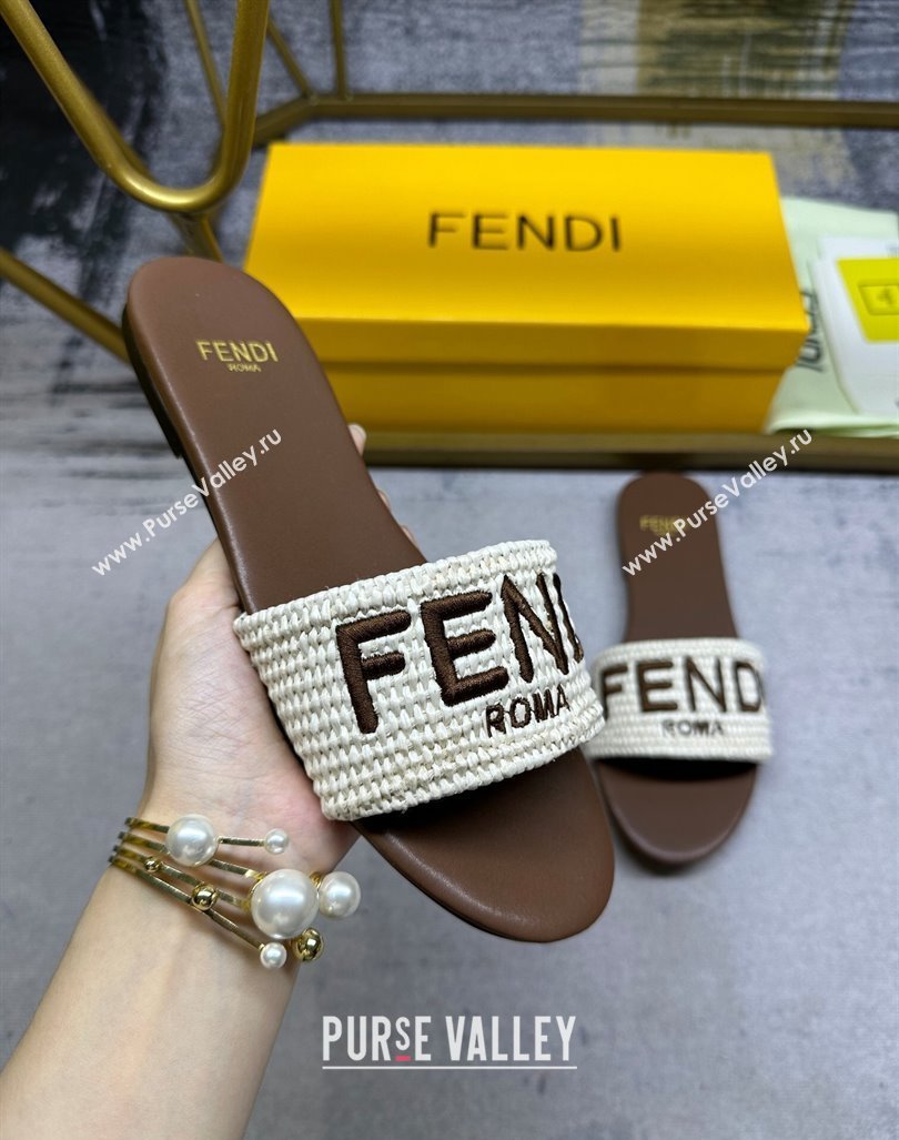 Fendi Signature Flat Slide Sandals in PP Straw Beige 2024 0604 (MD-240604176)