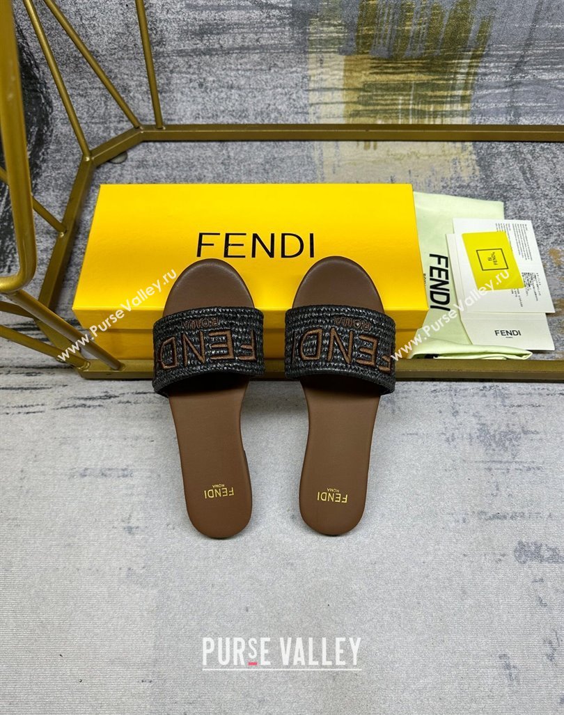 Fendi Signature Flat Slide Sandals in PP Straw Black 2024 0604 (MD-240604178)