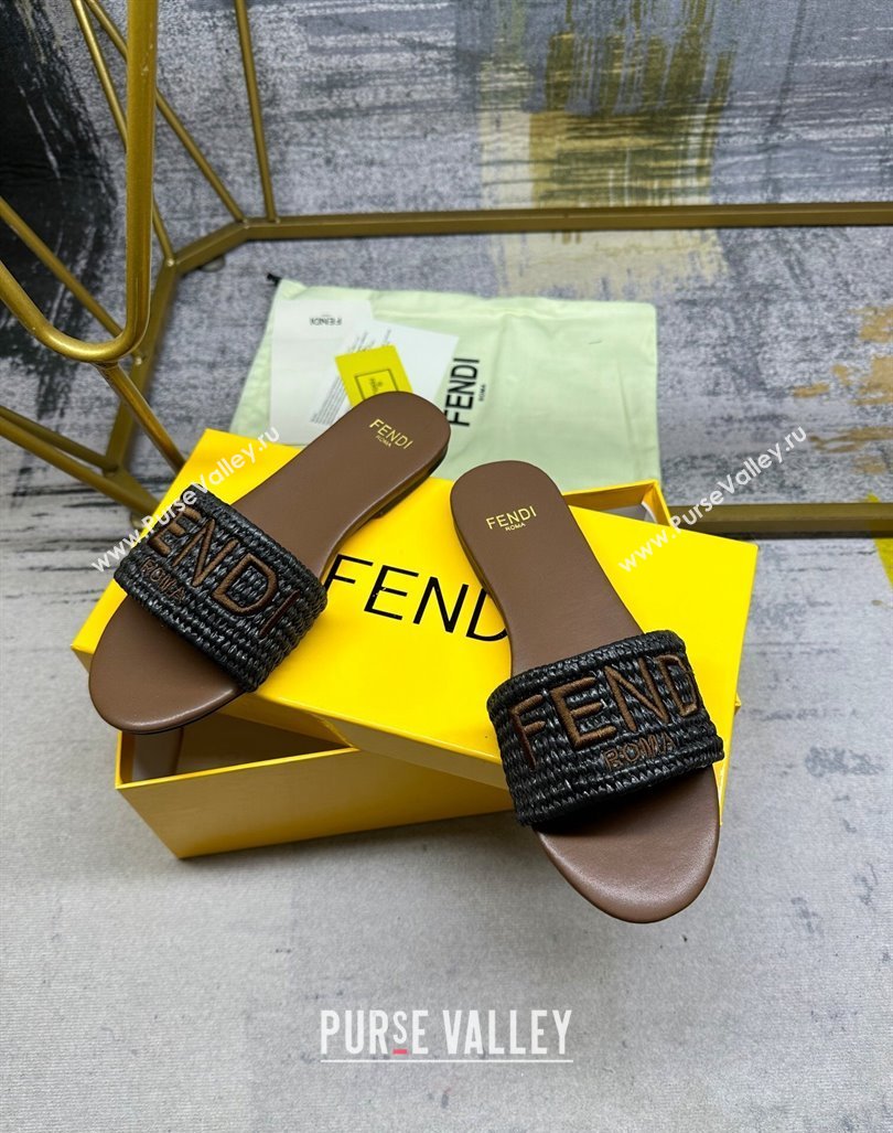 Fendi Signature Flat Slide Sandals in PP Straw Black 2024 0604 (MD-240604178)