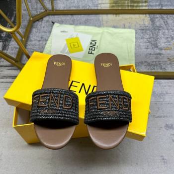 Fendi Signature Flat Slide Sandals in PP Straw Black 2024 0604 (MD-240604178)