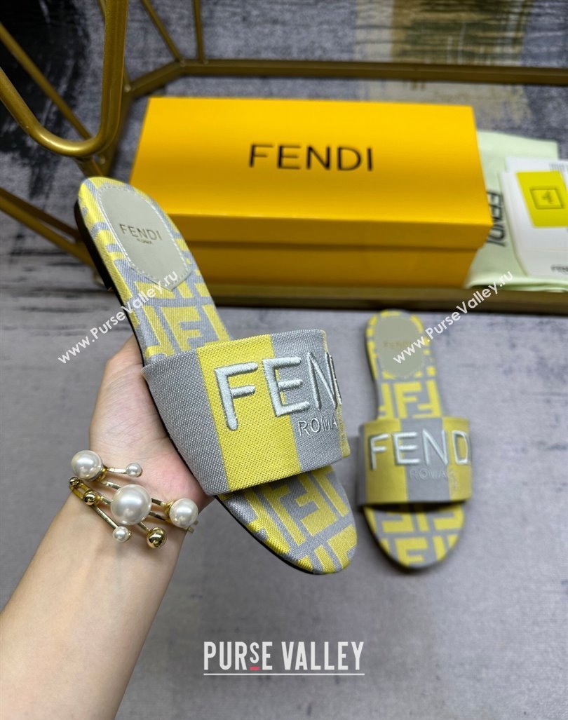 Fendi Signature Flat Slide Sandals in Printed Canvas Grey/Yellow 2024 0604 (MD-240604179)