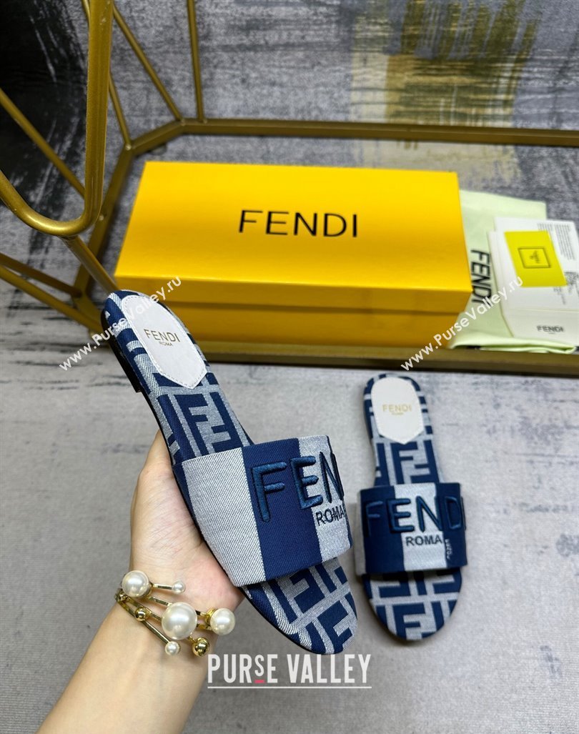 Fendi Signature Flat Slide Sandals in Printed Canvas Grey/Navy Blue 2024 0604 (MD-240604180)