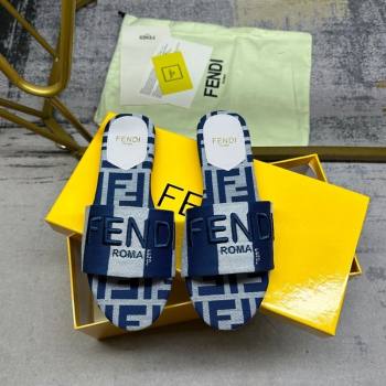 Fendi Signature Flat Slide Sandals in Printed Canvas Grey/Navy Blue 2024 0604 (MD-240604180)