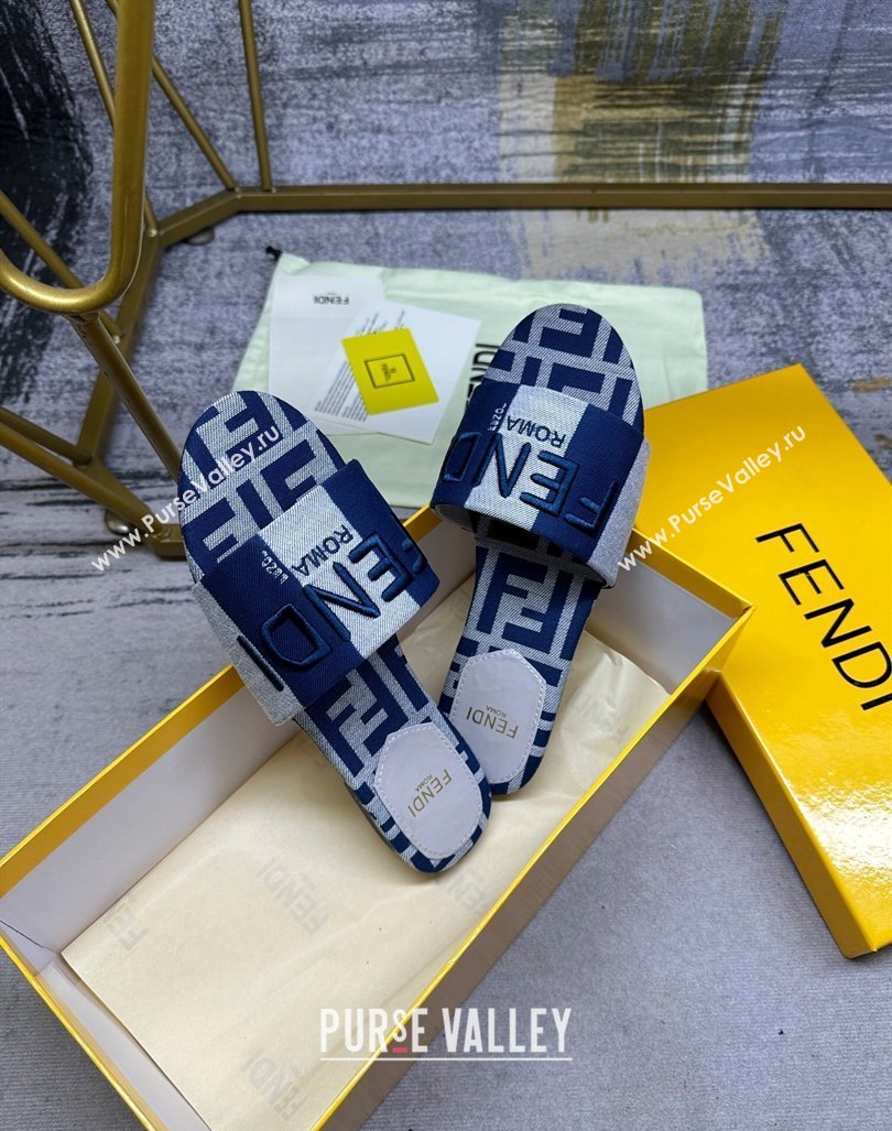 Fendi Signature Flat Slide Sandals in Printed Canvas Grey/Navy Blue 2024 0604 (MD-240604180)