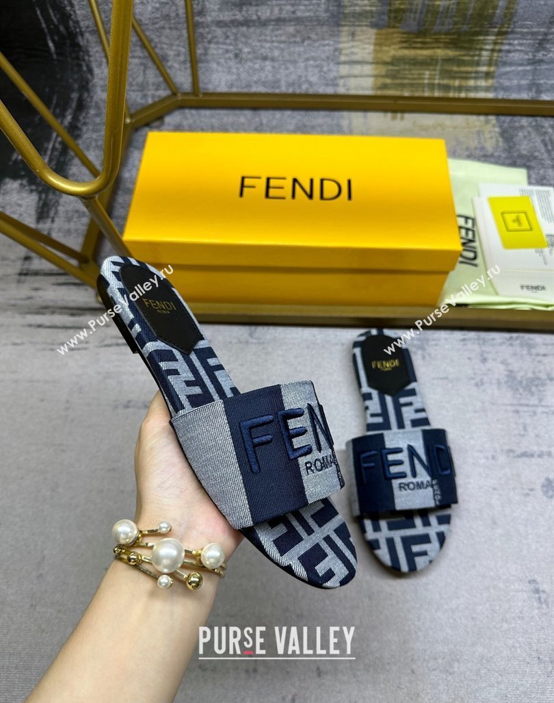 Fendi Signature Flat Slide Sandals in Printed Canvas Grey/Dark Blue 2024 0604 (MD-240604183)