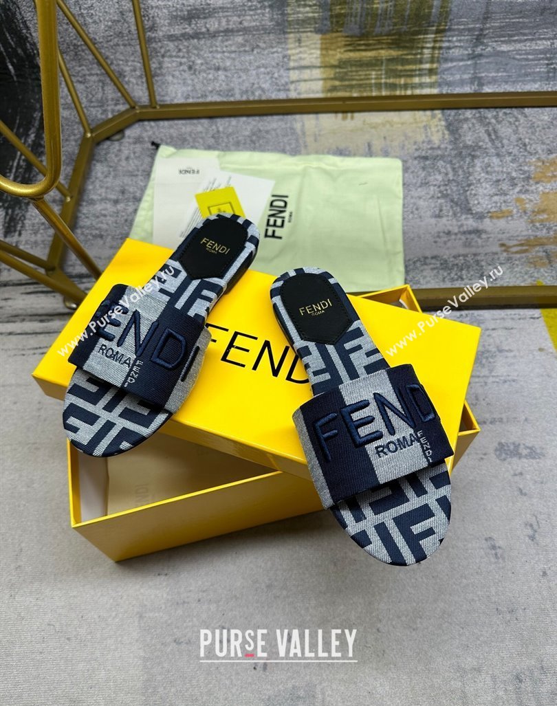 Fendi Signature Flat Slide Sandals in Printed Canvas Grey/Dark Blue 2024 0604 (MD-240604183)