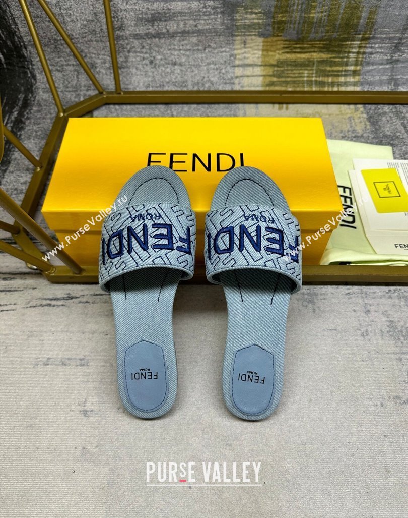 Fendi Signature Flat Slide Sandals in Quilted Denim Light Blue 2024 0604 (MD-240604184)