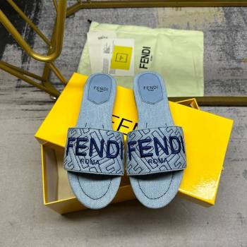 Fendi Signature Flat Slide Sandals in Quilted Denim Light Blue 2024 0604 (MD-240604184)