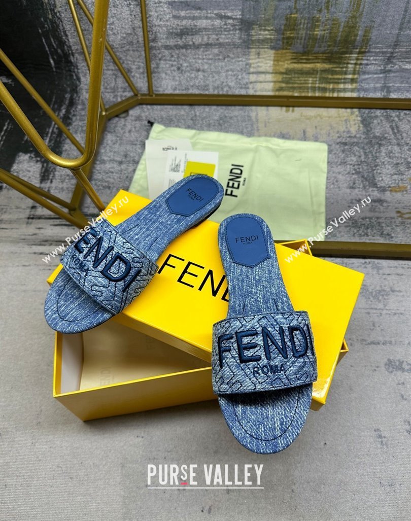 Fendi Signature Flat Slide Sandals in Quilted Denim Dark Blue 2024 0604 (MD-240604186)