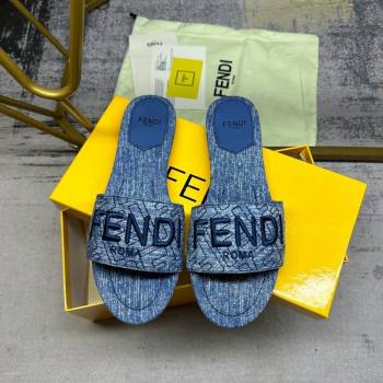 Fendi Signature Flat Slide Sandals in Quilted Denim Dark Blue 2024 0604 (MD-240604186)