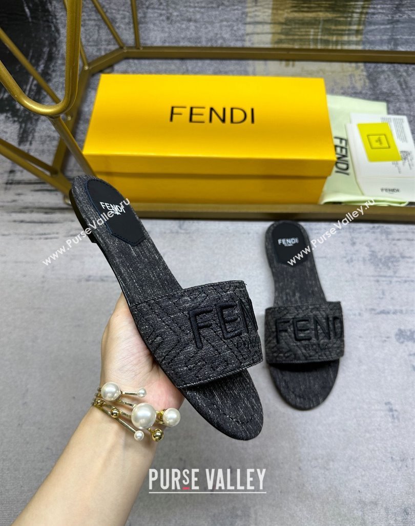 Fendi Signature Flat Slide Sandals in Quilted Denim Black 2024 0604 (MD-240604187)