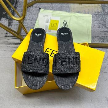 Fendi Signature Flat Slide Sandals in Quilted Denim Black 2024 0604 (MD-240604187)
