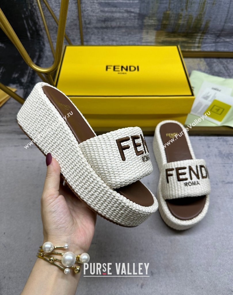 Fendi Sunshine Wedge Slide Sandals in PP Straw Beige 2024 0604 (MD-240604188)