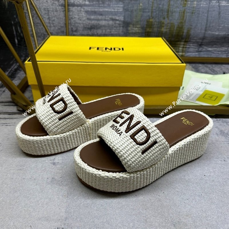 Fendi Sunshine Wedge Slide Sandals in PP Straw Beige 2024 0604 (MD-240604188)
