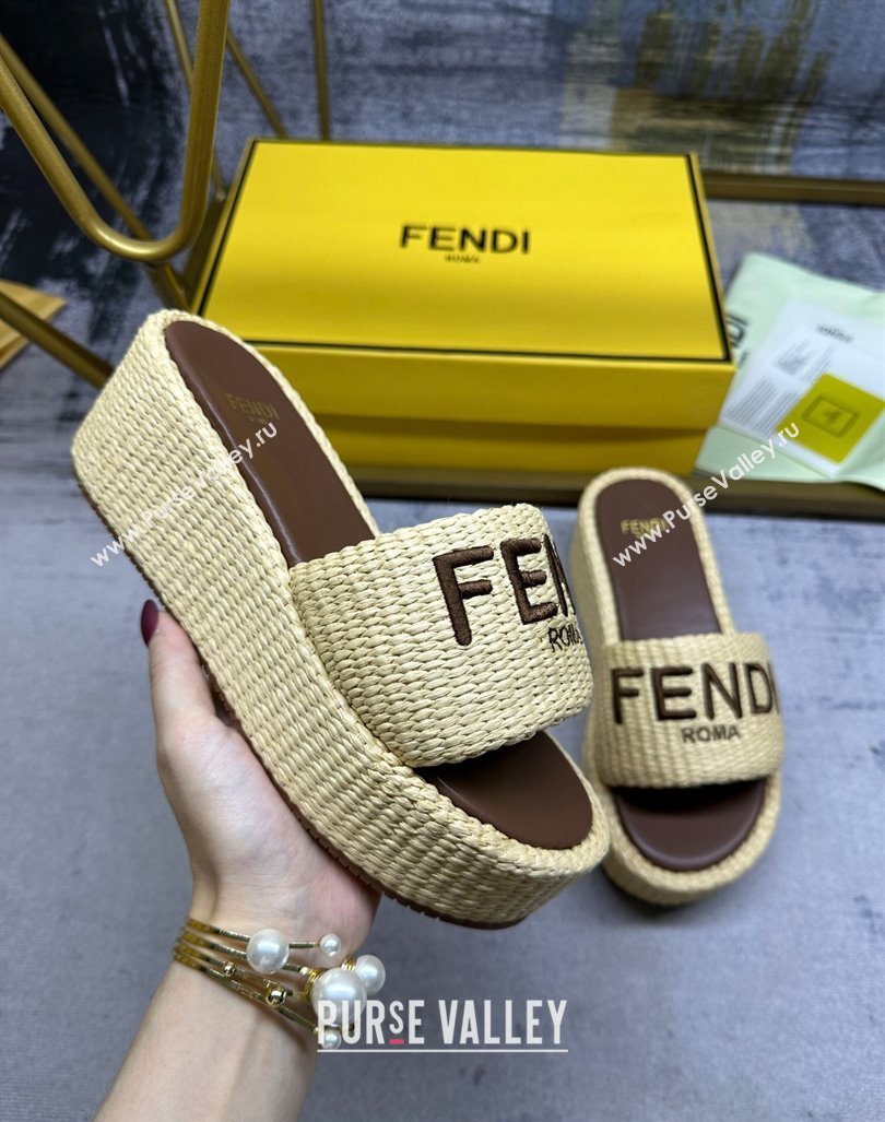 Fendi Sunshine Wedge Slide Sandals in PP Straw Yellow 2024 0604 (MD-240604189)