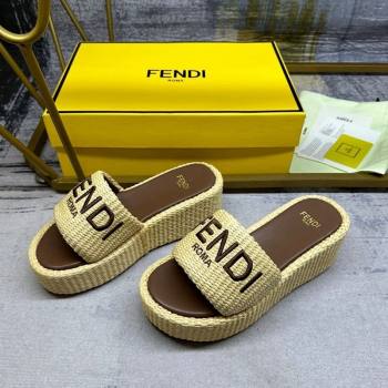 Fendi Sunshine Wedge Slide Sandals in PP Straw Yellow 2024 0604 (MD-240604189)