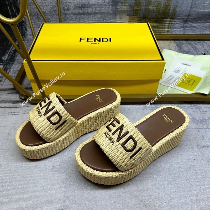 Fendi Sunshine Wedge Slide Sandals in PP Straw Yellow 2024 0604 (MD-240604189)