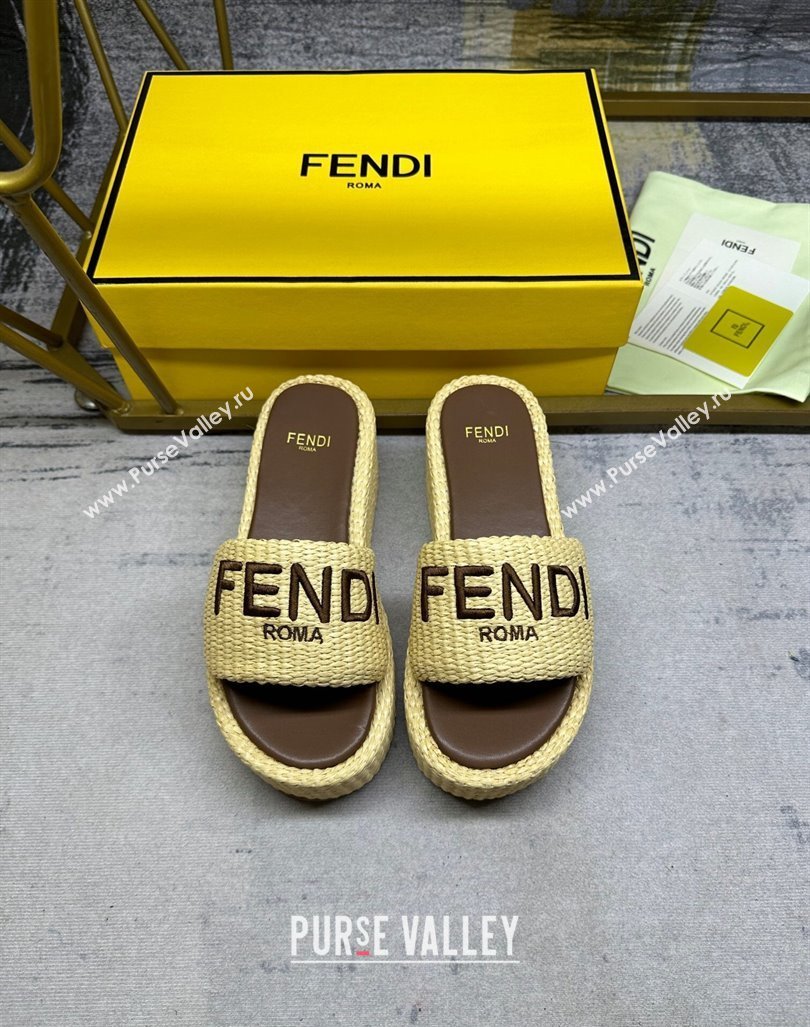 Fendi Sunshine Wedge Slide Sandals in PP Straw Yellow 2024 0604 (MD-240604189)