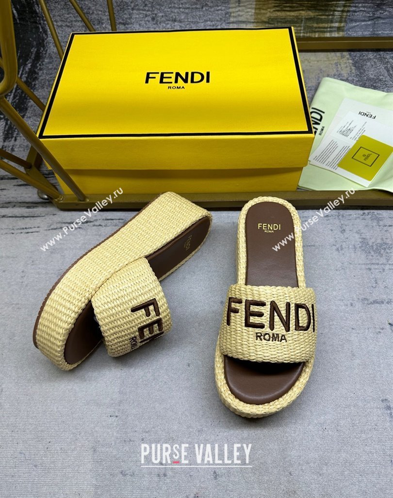 Fendi Sunshine Wedge Slide Sandals in PP Straw Yellow 2024 0604 (MD-240604189)