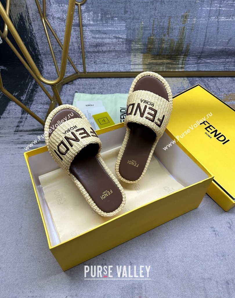 Fendi Sunshine Wedge Slide Sandals in PP Straw Yellow 2024 0604 (MD-240604189)