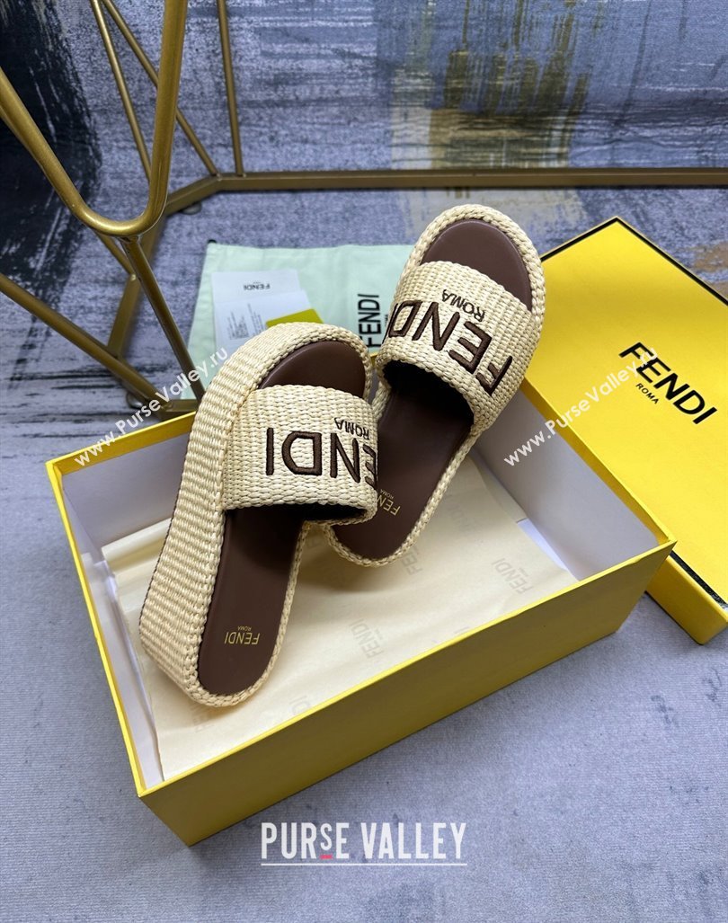 Fendi Sunshine Wedge Slide Sandals in PP Straw Yellow 2024 0604 (MD-240604189)