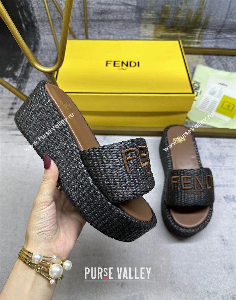 Fendi Sunshine Wedge Slide Sandals in PP Straw Black 2024 0604 (MD-240604190)