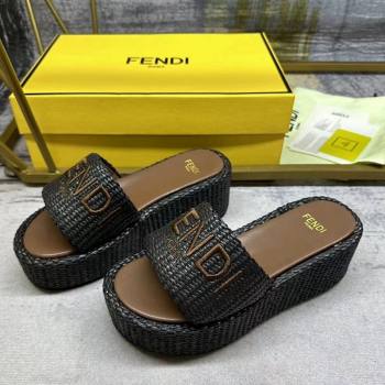 Fendi Sunshine Wedge Slide Sandals in PP Straw Black 2024 0604 (MD-240604190)