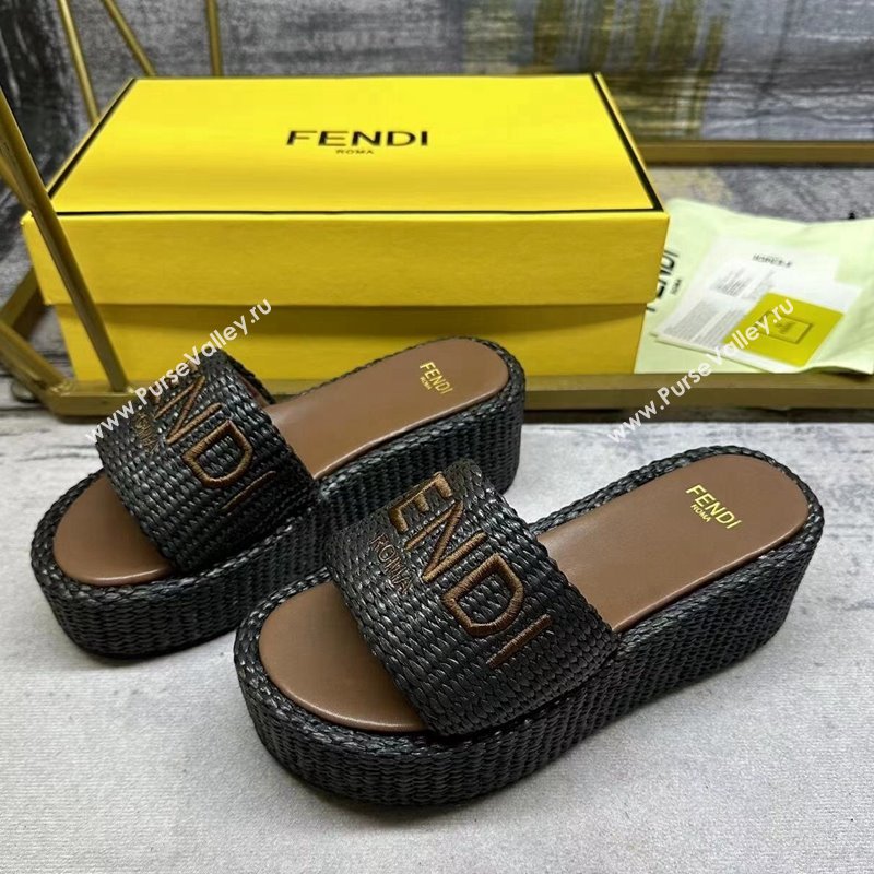 Fendi Sunshine Wedge Slide Sandals in PP Straw Black 2024 0604 (MD-240604190)