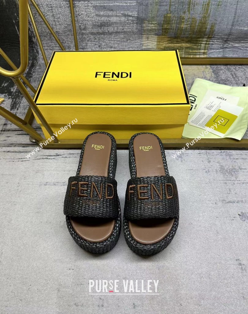 Fendi Sunshine Wedge Slide Sandals in PP Straw Black 2024 0604 (MD-240604190)